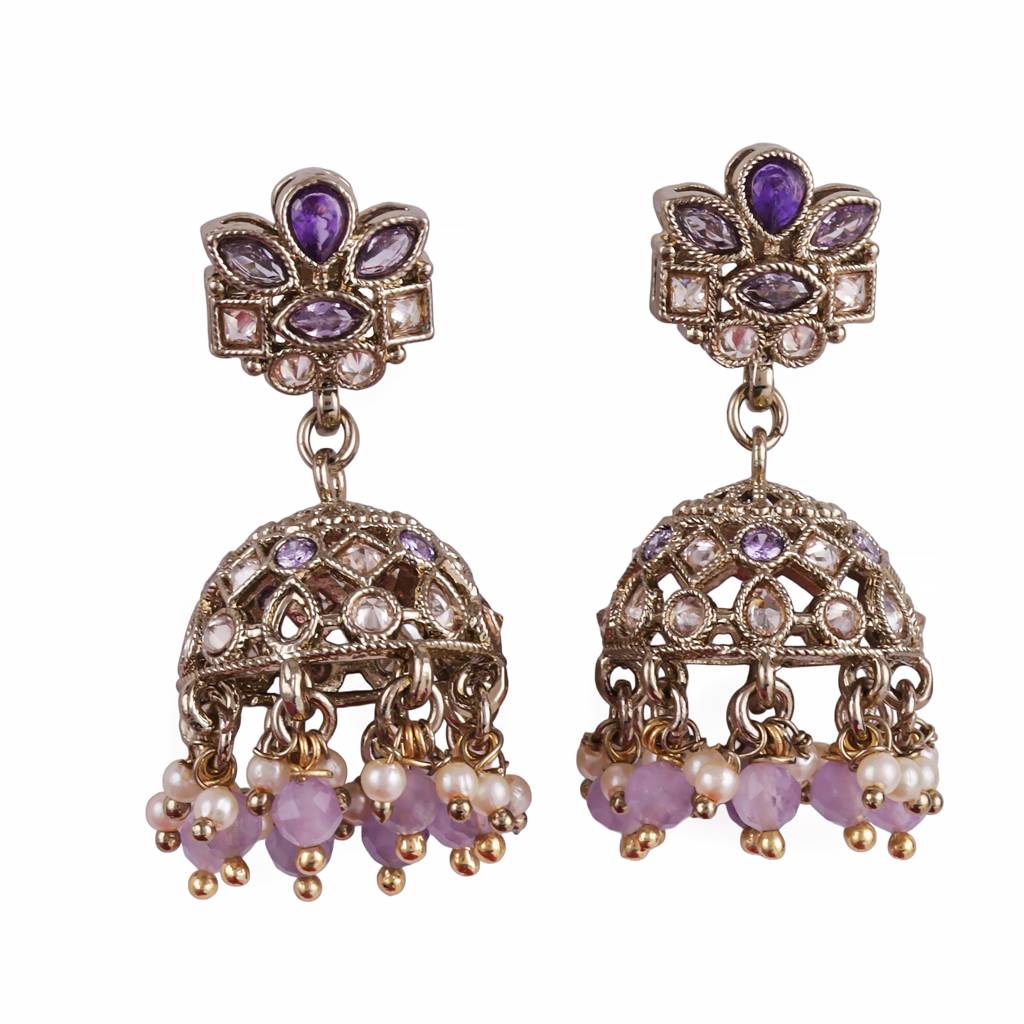 Classy Flower Design Brown Uncut Kundan Stone Antique Gold Plated Jhumki Earring For Women And Girls : 6JE04_Purple
