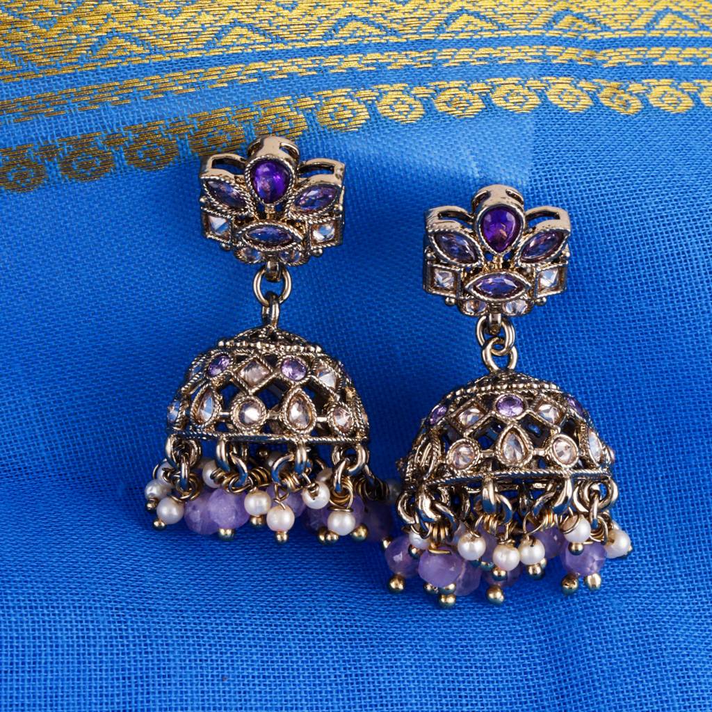 Classy Flower Design Brown Uncut Kundan Stone Antique Gold Plated Jhumki Earring For Women And Girls : 6JE04_Purple