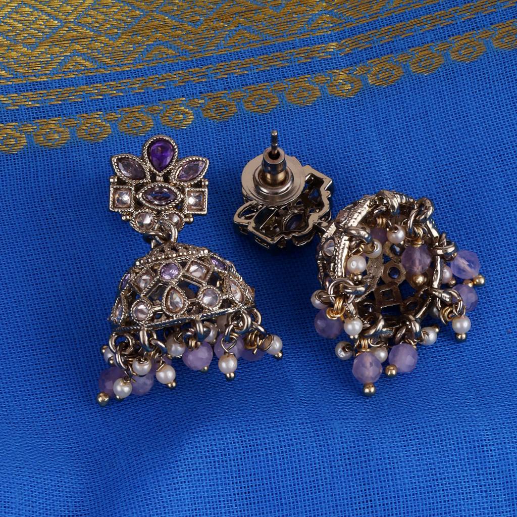 Classy Flower Design Brown Uncut Kundan Stone Antique Gold Plated Jhumki Earring For Women And Girls : 6JE04_Purple