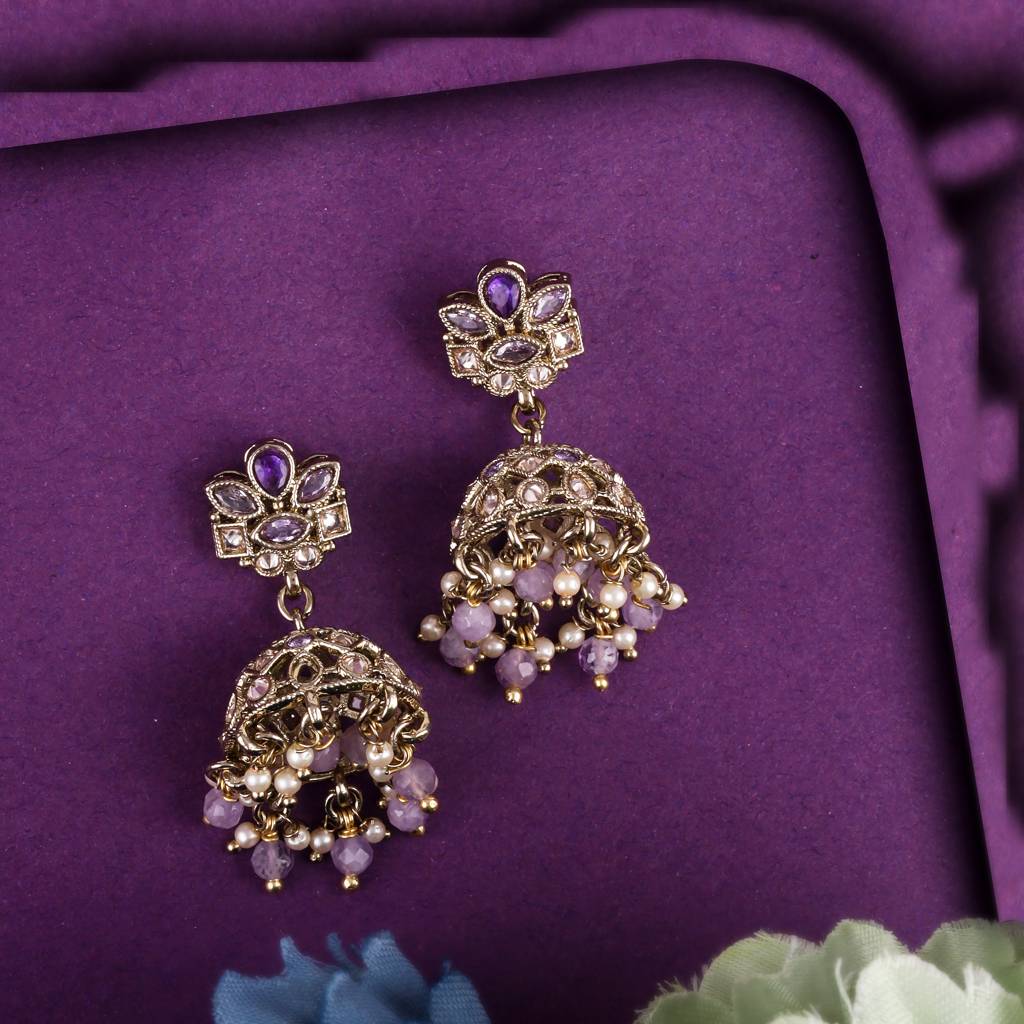 Classy Flower Design Brown Uncut Kundan Stone Antique Gold Plated Jhumki Earring For Women And Girls : 6JE04_Purple
