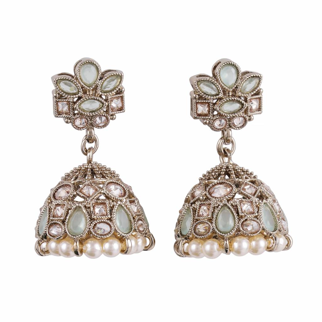 Classy Flower Design Brown Uncut Kundan Stone Antique Gold Plated Jhumki Earring For Women And Girls : 6JE04_SkyBlue