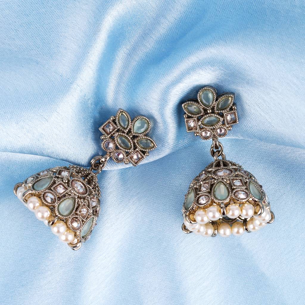 Classy Flower Design Brown Uncut Kundan Stone Antique Gold Plated Jhumki Earring For Women And Girls : 6JE04_SkyBlue