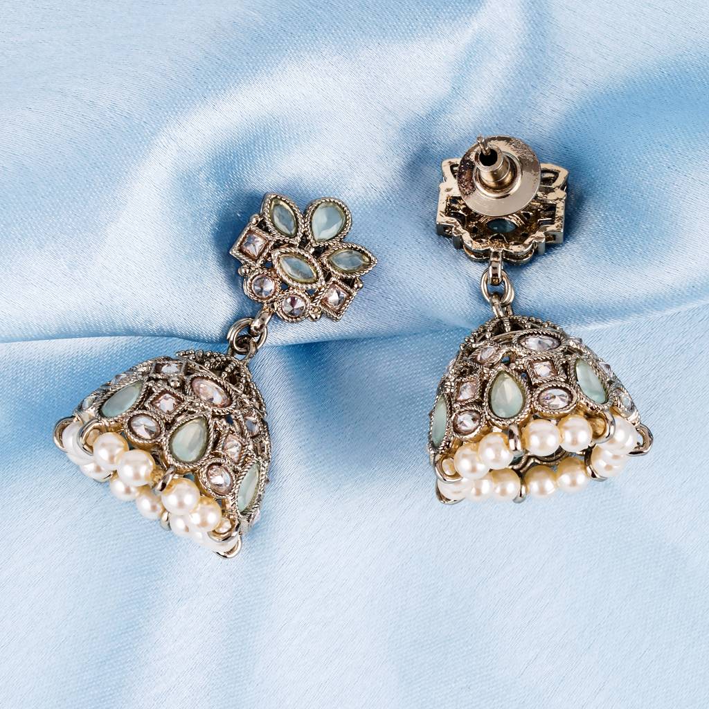 Classy Flower Design Brown Uncut Kundan Stone Antique Gold Plated Jhumki Earring For Women And Girls : 6JE04_SkyBlue