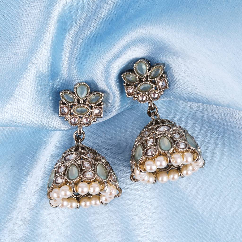 Classy Flower Design Brown Uncut Kundan Stone Antique Gold Plated Jhumki Earring For Women And Girls : 6JE04_SkyBlue