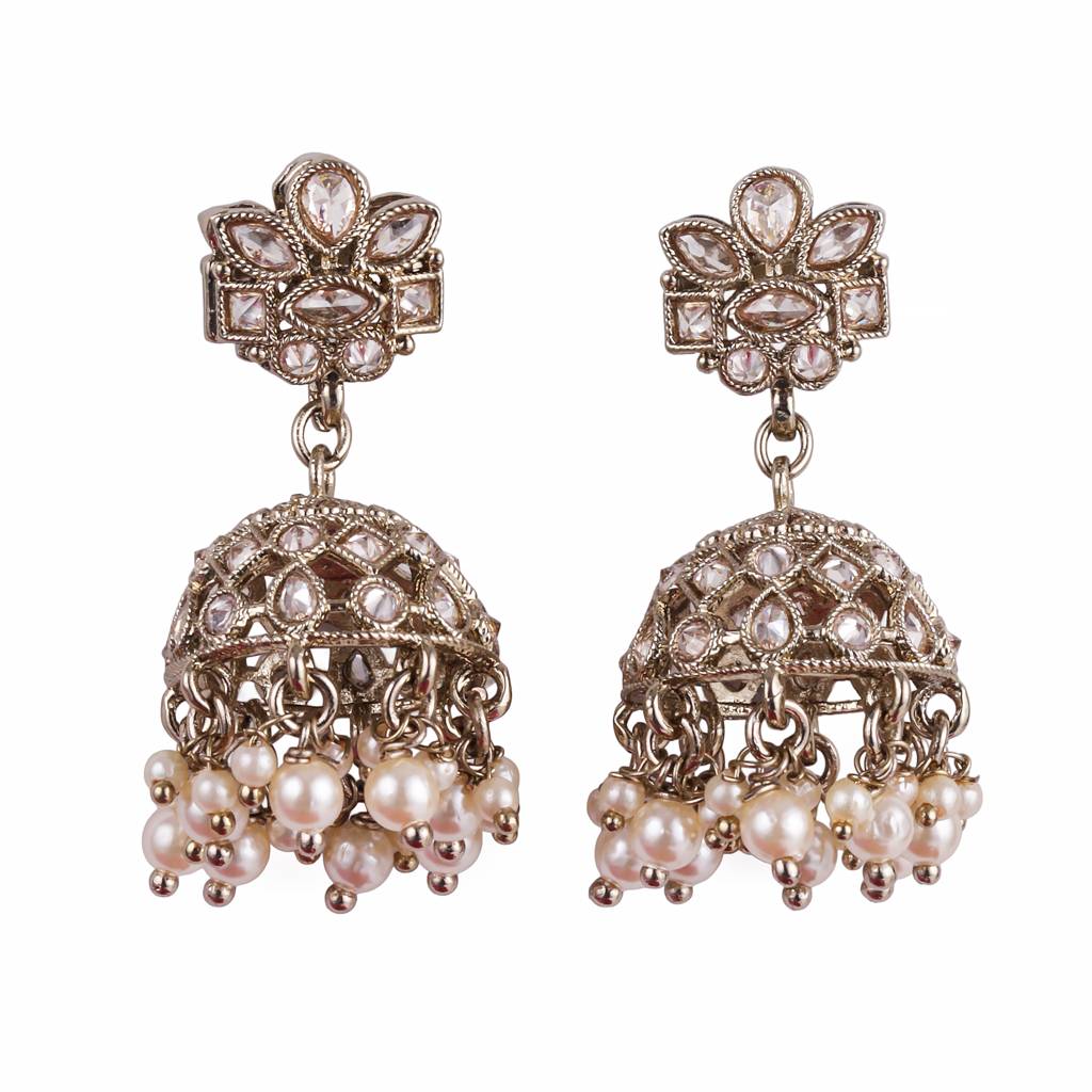 Classy Flower Design Brown Uncut Kundan Stone Antique Gold Plated Jhumki Earring For Women And Girls : 6JE04_Brown