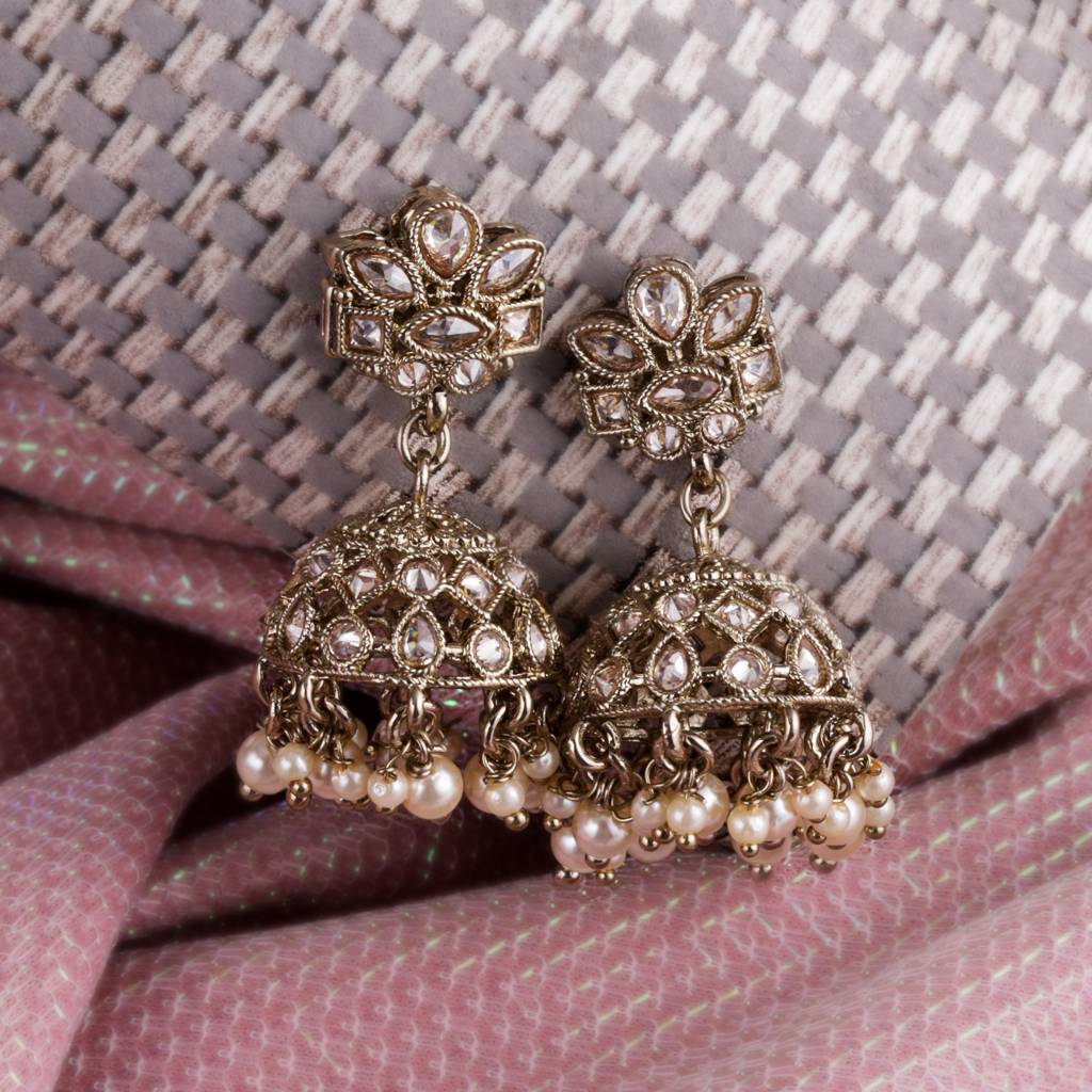 Classy Flower Design Brown Uncut Kundan Stone Antique Gold Plated Jhumki Earring For Women And Girls : 6JE04_Brown
