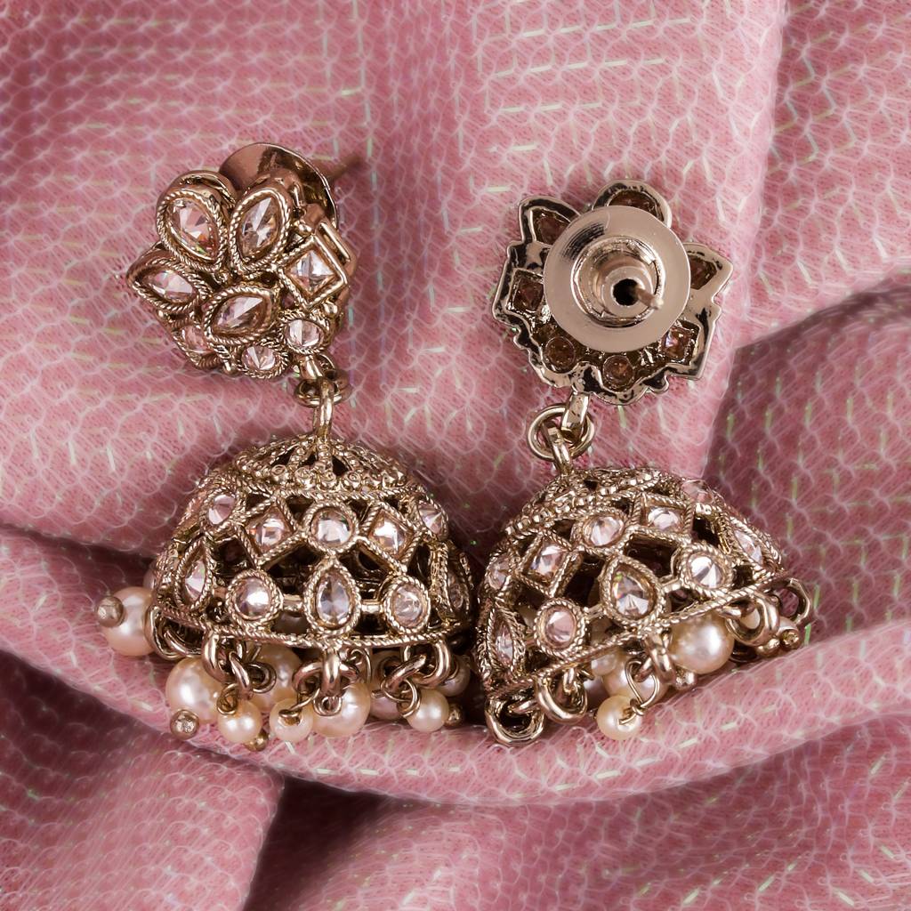 Classy Flower Design Brown Uncut Kundan Stone Antique Gold Plated Jhumki Earring For Women And Girls : 6JE04_Brown