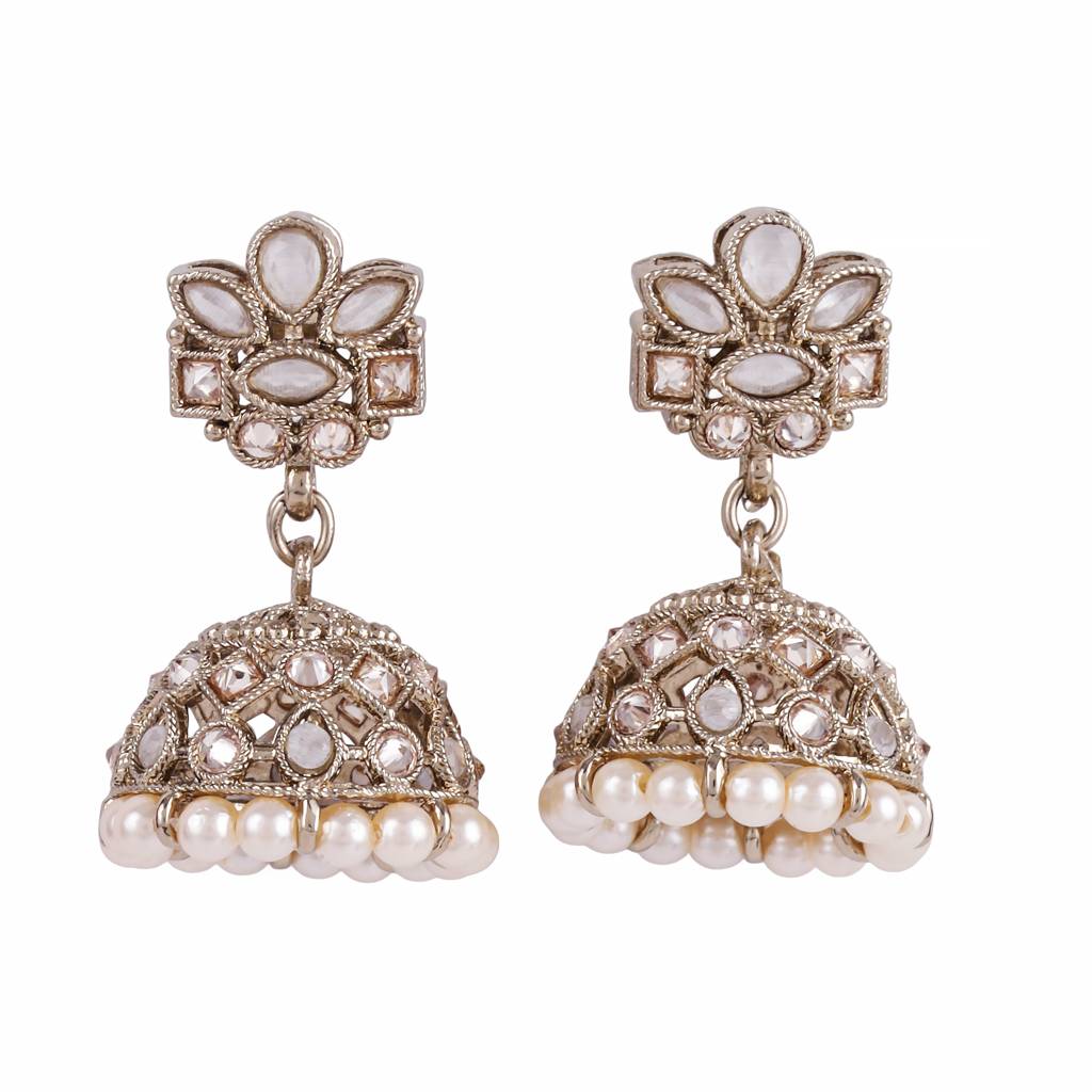 Classy Flower Design Brown Uncut Kundan Stone Antique Gold Plated Jhumki Earring For Women And Girls : 6JE04_White