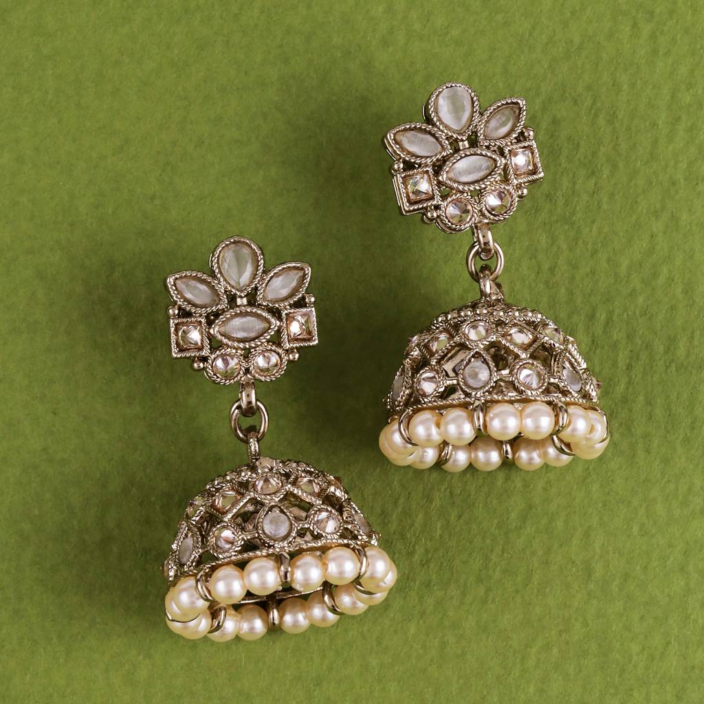 Classy Flower Design Brown Uncut Kundan Stone Antique Gold Plated Jhumki Earring For Women And Girls : 6JE04_White