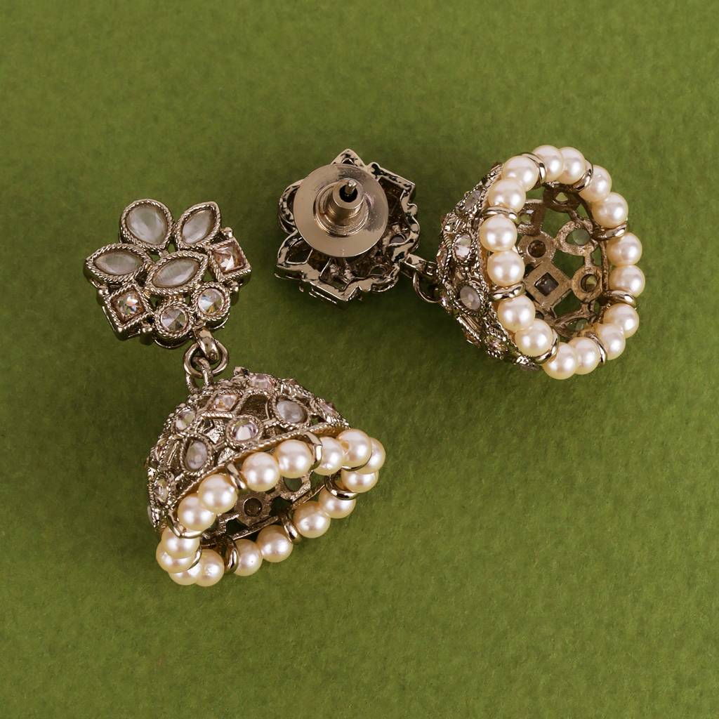 Classy Flower Design Brown Uncut Kundan Stone Antique Gold Plated Jhumki Earring For Women And Girls : 6JE04_White