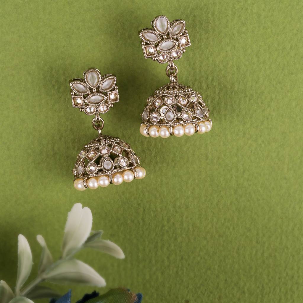 Classy Flower Design Brown Uncut Kundan Stone Antique Gold Plated Jhumki Earring For Women And Girls : 6JE04_White