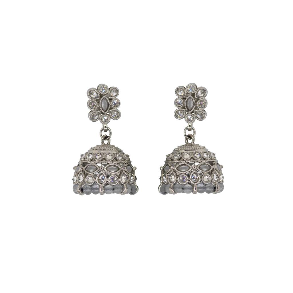 Beautiful Pear And Flower Shape Grey Uncut Kundan Stone Silver Plated Jhumki Earring For Women And Girls : 6JE10_GREY