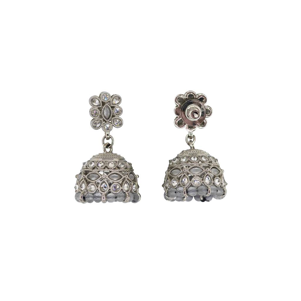 Beautiful Pear And Flower Shape Grey Uncut Kundan Stone Silver Plated Jhumki Earring For Women And Girls : 6JE10_GREY