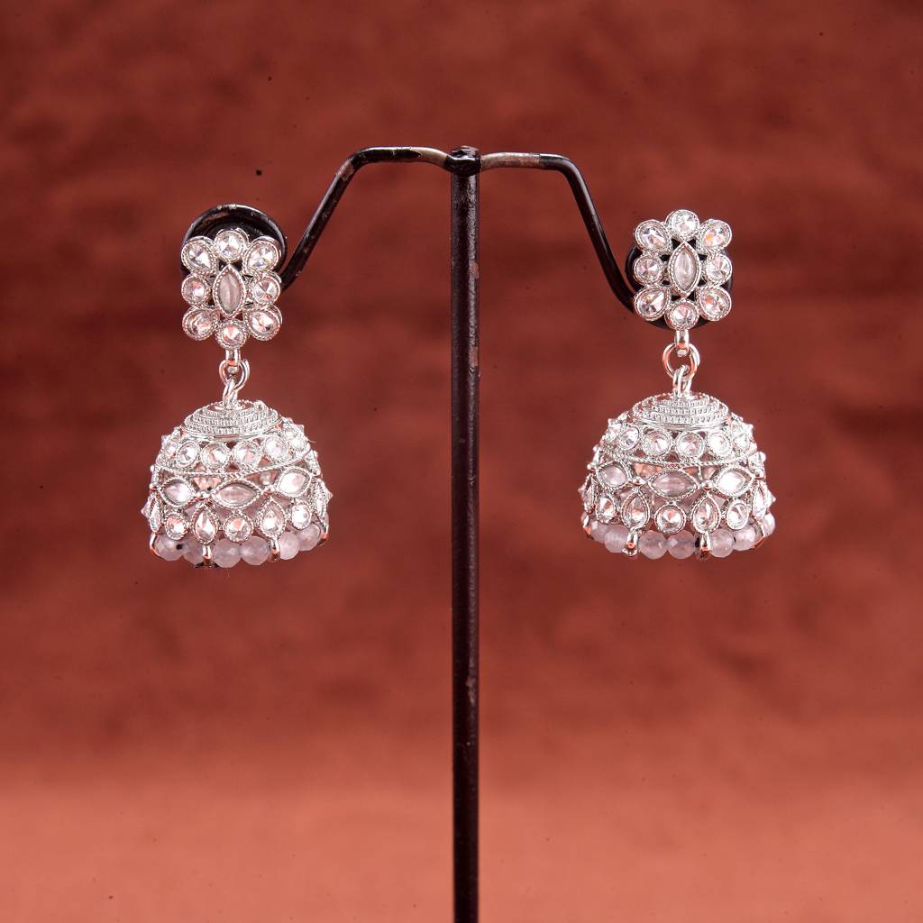 Beautiful Pear And Flower Shape Grey Uncut Kundan Stone Silver Plated Jhumki Earring For Women And Girls : 6JE10_GREY