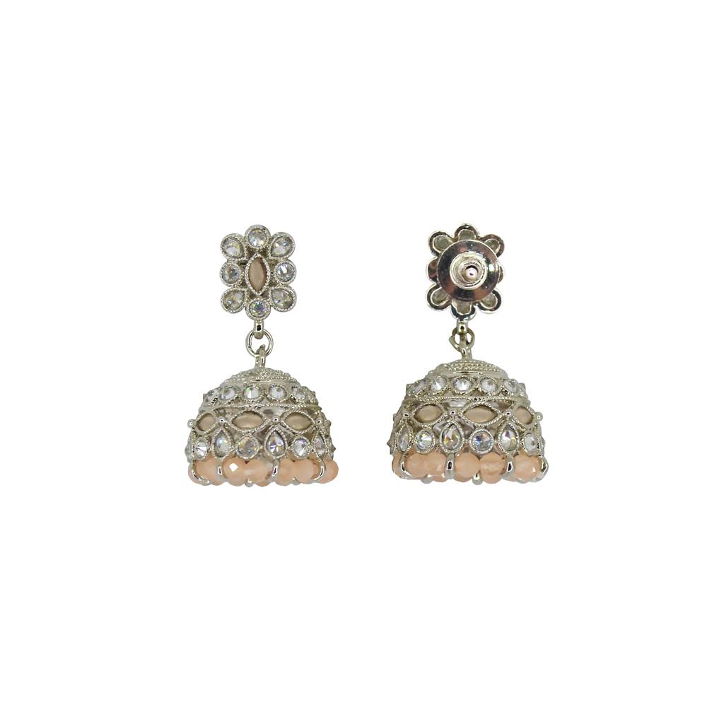 Beautiful Pear And Flower Shape Grey Uncut Kundan Stone Silver Plated Jhumki Earring For Women And Girls : 6JE10_PEACH