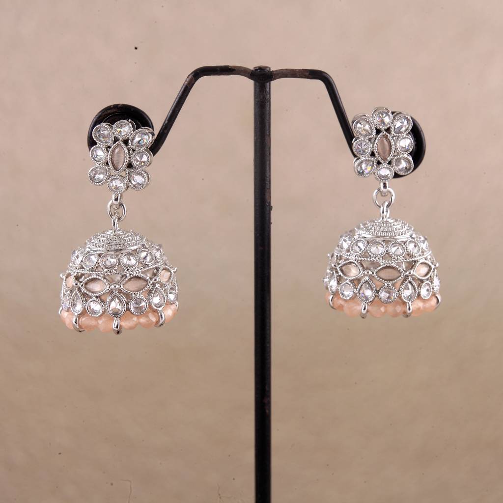 Beautiful Pear And Flower Shape Grey Uncut Kundan Stone Silver Plated Jhumki Earring For Women And Girls : 6JE10_PEACH