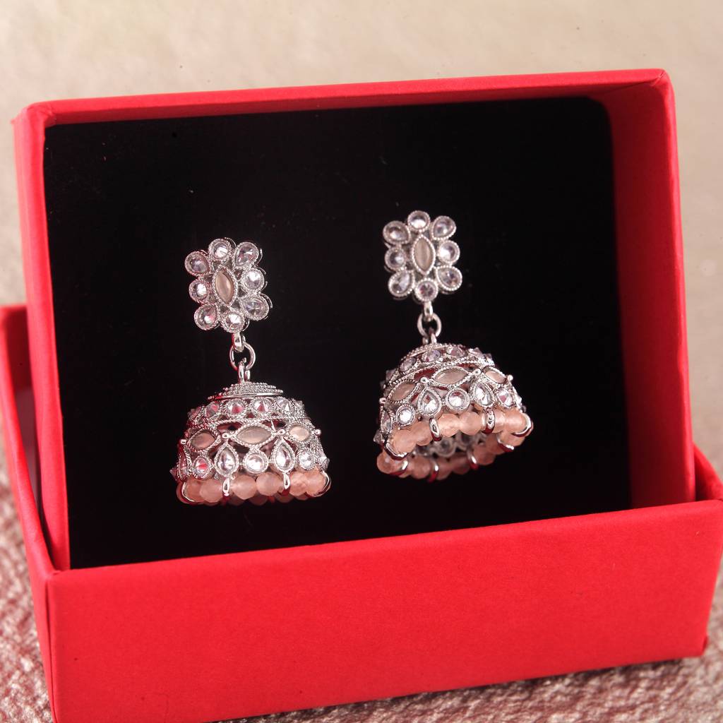 Beautiful Pear And Flower Shape Grey Uncut Kundan Stone Silver Plated Jhumki Earring For Women And Girls : 6JE10_PEACH