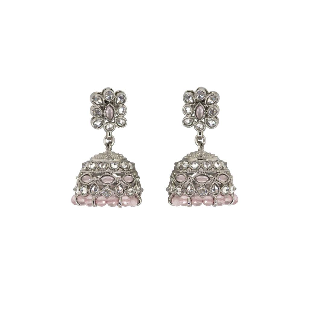 Beautiful Pear And Flower Shape Grey Uncut Kundan Stone Silver Plated Jhumki Earring For Women And Girls : 6JE10_PINK