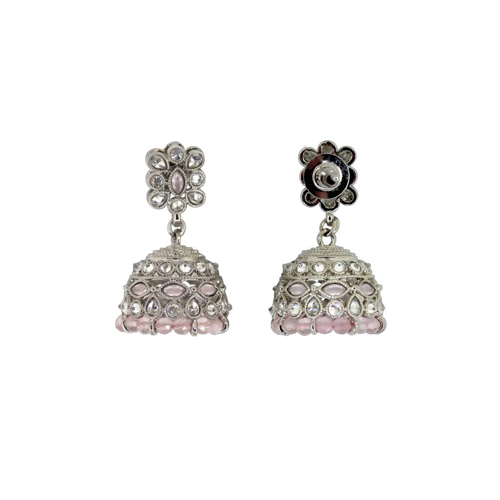Beautiful Pear And Flower Shape Grey Uncut Kundan Stone Silver Plated Jhumki Earring For Women And Girls : 6JE10_PINK
