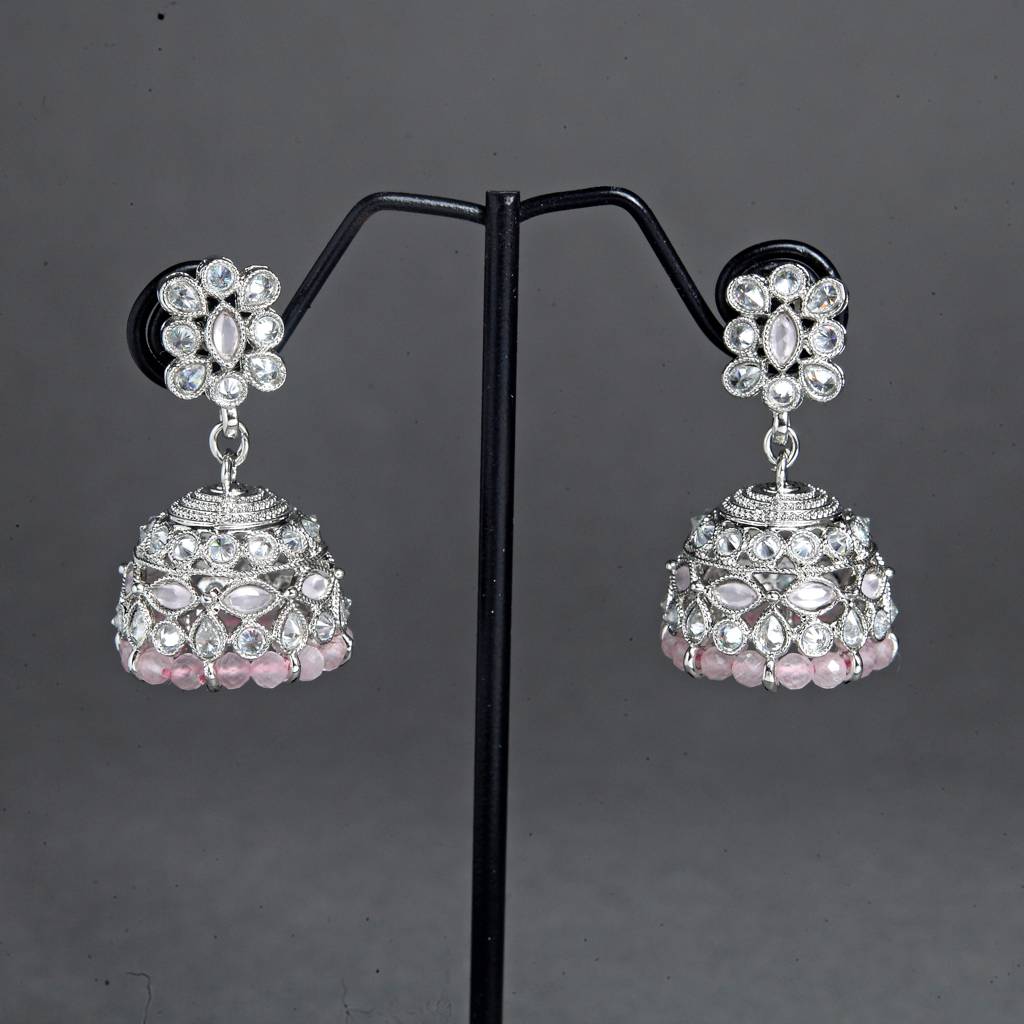 Beautiful Pear And Flower Shape Grey Uncut Kundan Stone Silver Plated Jhumki Earring For Women And Girls : 6JE10_PINK