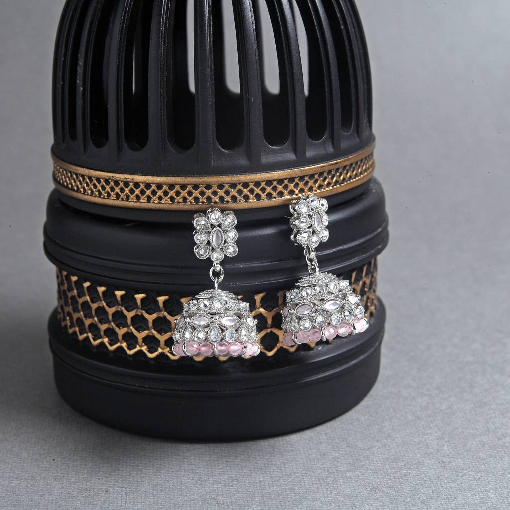 Beautiful Pear And Flower Shape Grey Uncut Kundan Stone Silver Plated Jhumki Earring For Women And Girls : 6JE10_PINK