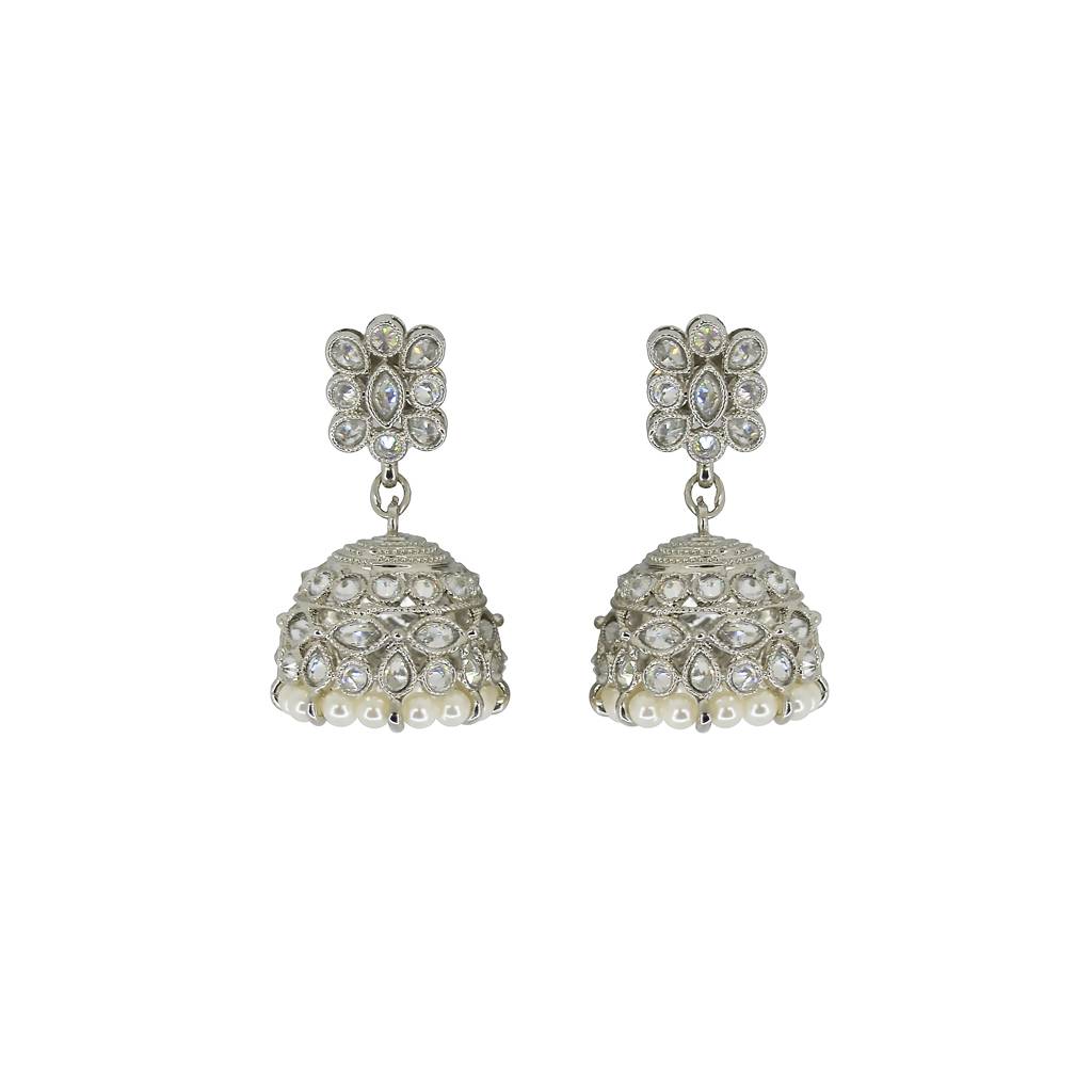 Beautiful Pear And Flower Shape Grey Uncut Kundan Stone Silver Plated Jhumki Earring For Women And Girls : 6JE10_WHITE
