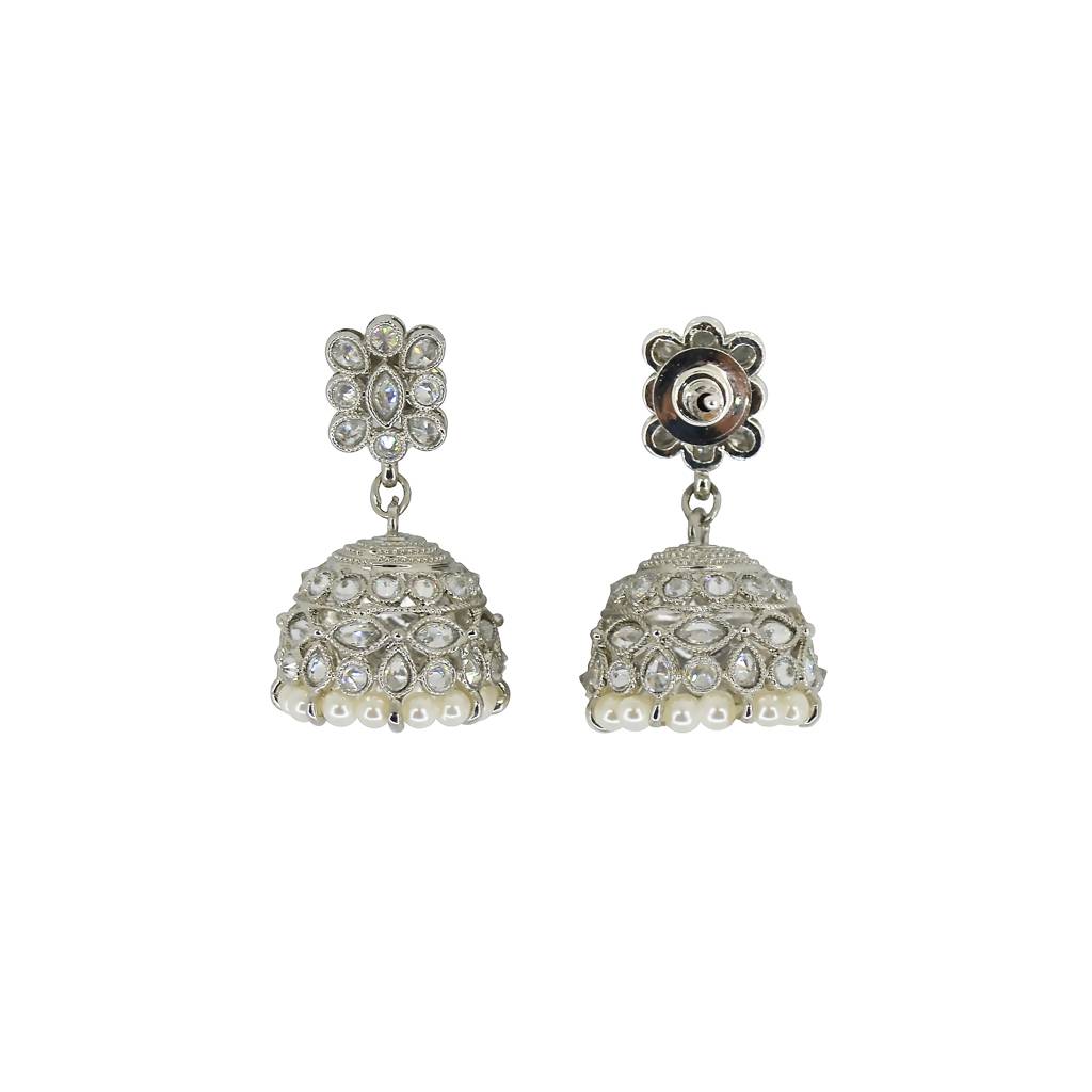 Beautiful Pear And Flower Shape Grey Uncut Kundan Stone Silver Plated Jhumki Earring For Women And Girls : 6JE10_WHITE