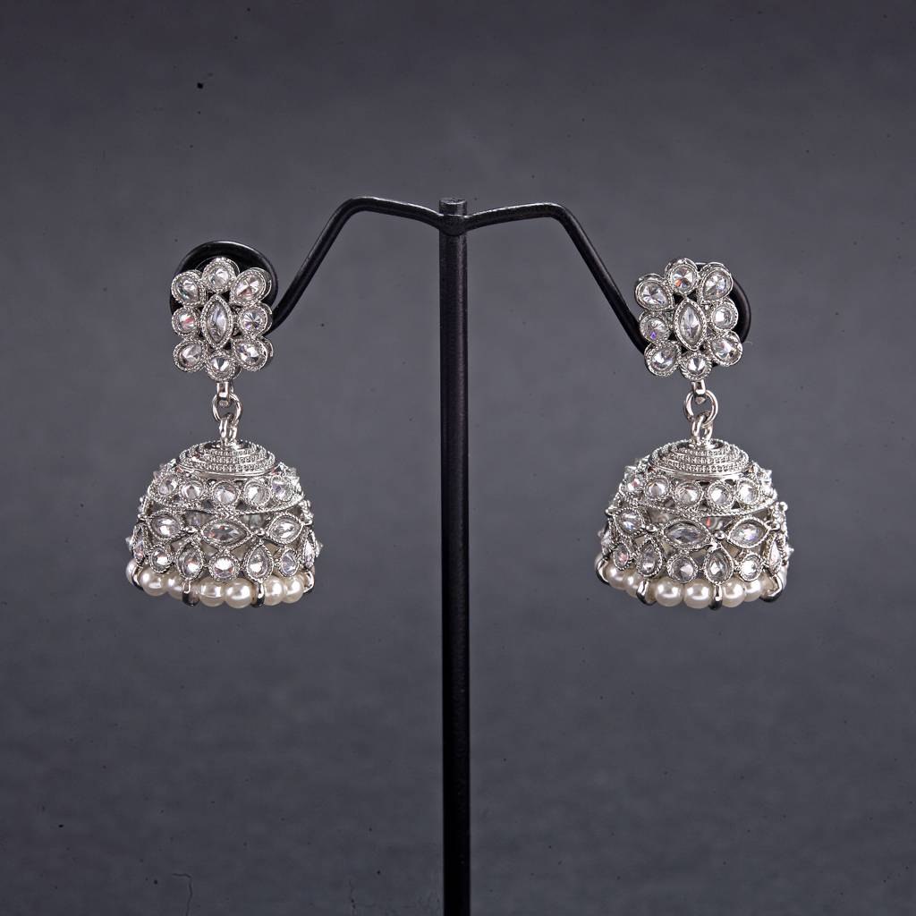 Beautiful Pear And Flower Shape Grey Uncut Kundan Stone Silver Plated Jhumki Earring For Women And Girls : 6JE10_WHITE