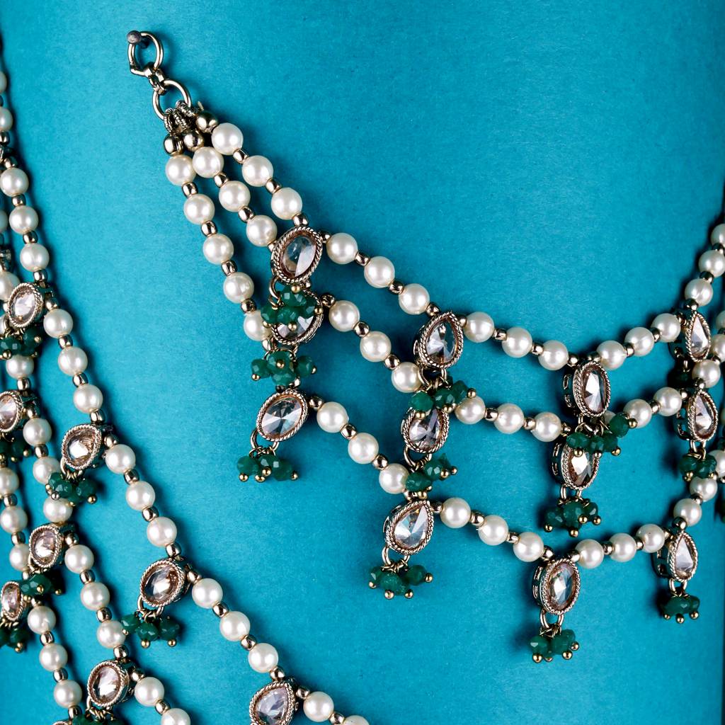 Dazzling Oval And Circle Shape 3 String Green Kundan Stone Pearl Antique Gold Plated Set Of 2 Ear-Chain (Kaancha : 6KC02-GREEN