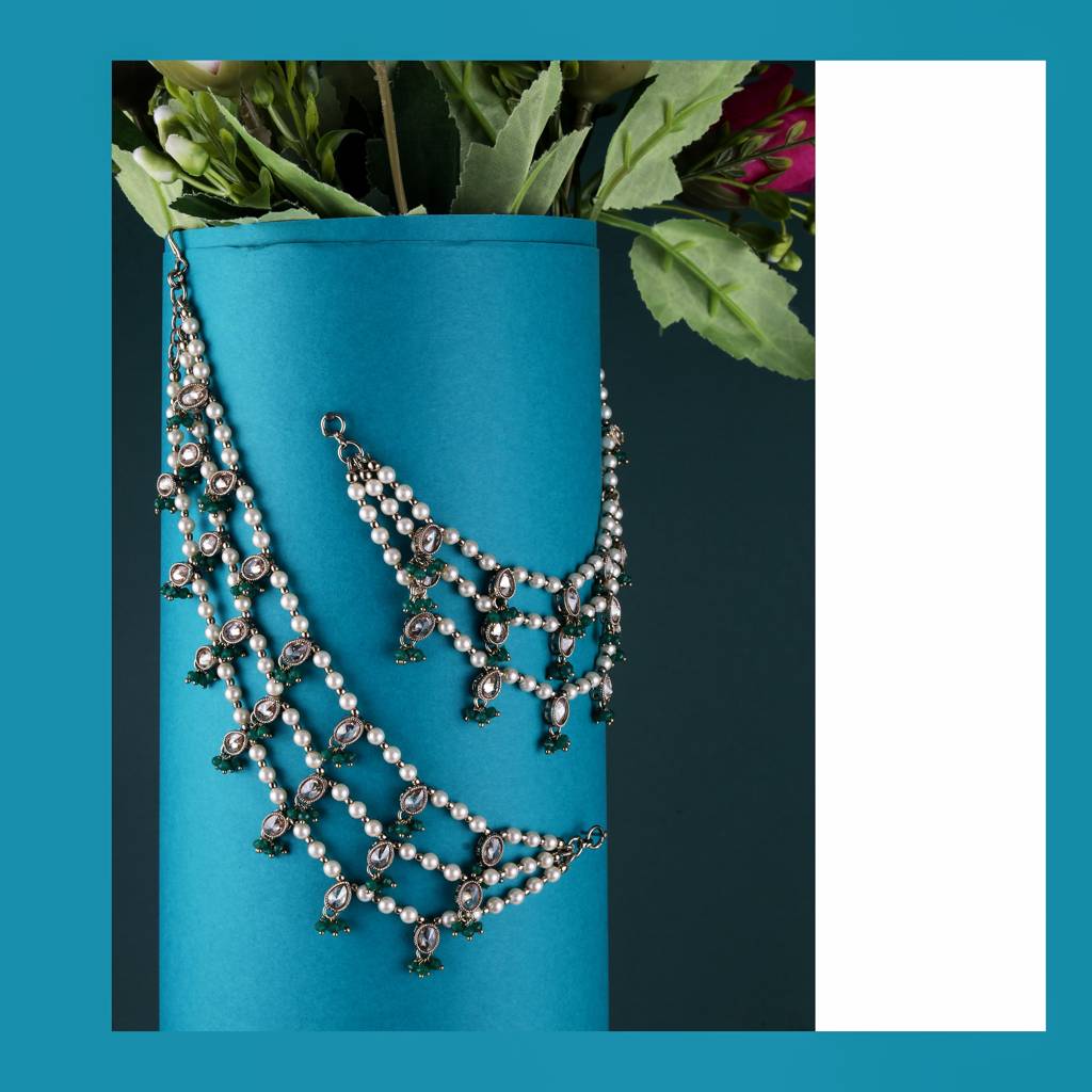 Dazzling Oval And Circle Shape 3 String Green Kundan Stone Pearl Antique Gold Plated Set Of 2 Ear-Chain (Kaancha : 6KC02-GREEN