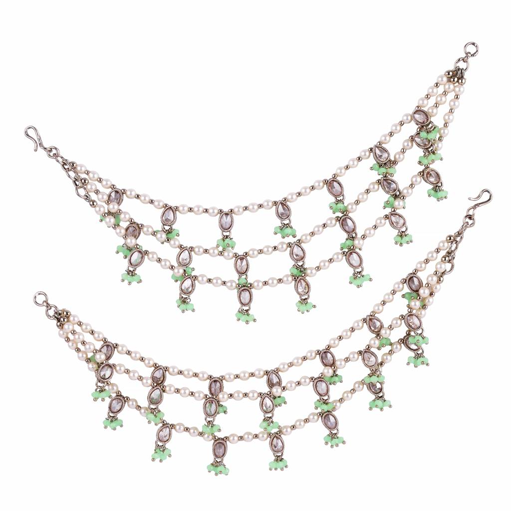 Dazzling Oval And Circle Shape 3 String Green Kundan Stone Pearl Antique Gold Plated Set Of 2 Ear-Chain (Ka : 6KC02-LIGHTGREEN