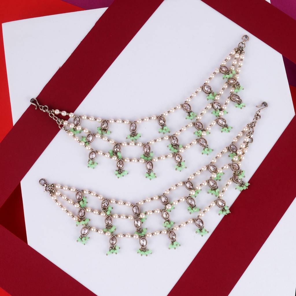 Dazzling Oval And Circle Shape 3 String Green Kundan Stone Pearl Antique Gold Plated Set Of 2 Ear-Chain (Ka : 6KC02-LIGHTGREEN