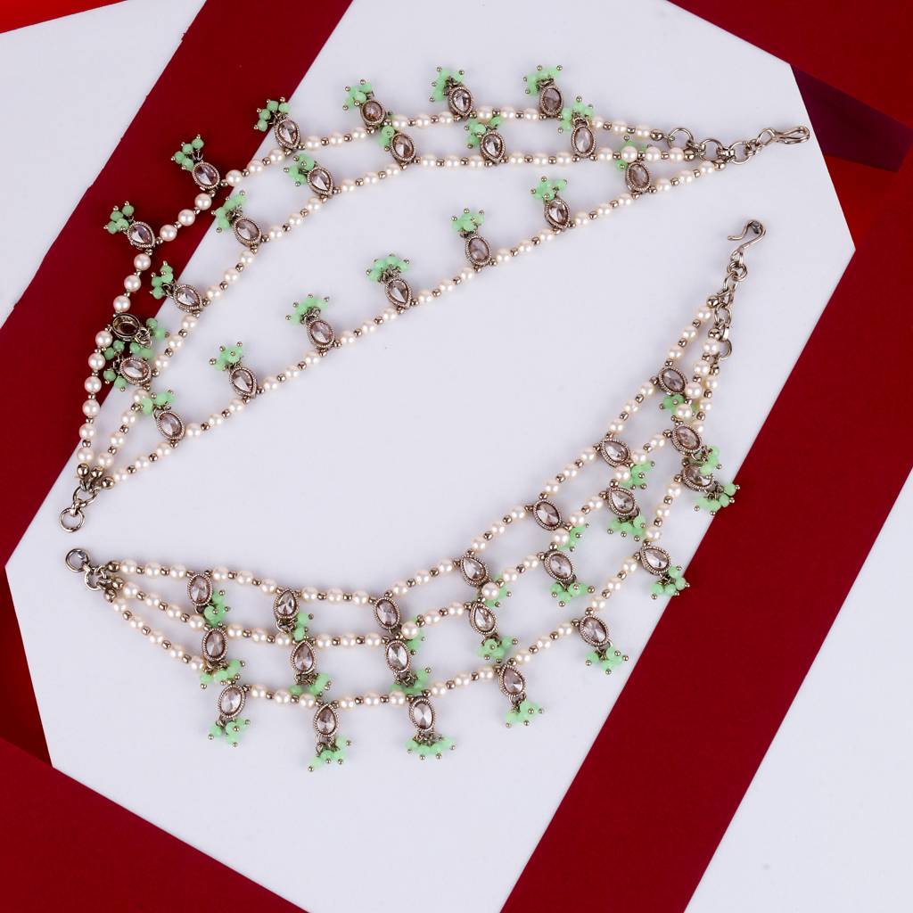 Dazzling Oval And Circle Shape 3 String Green Kundan Stone Pearl Antique Gold Plated Set Of 2 Ear-Chain (Ka : 6KC02-LIGHTGREEN