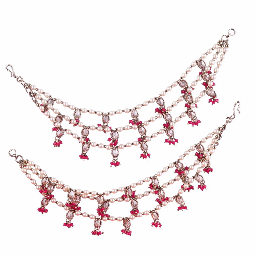 Dazzling Oval And Circle Shape 3 String Green Kundan Stone Pearl Antique Gold Plated Set Of 2 Ear-Chain (Kaanchain : 6KC02-RED