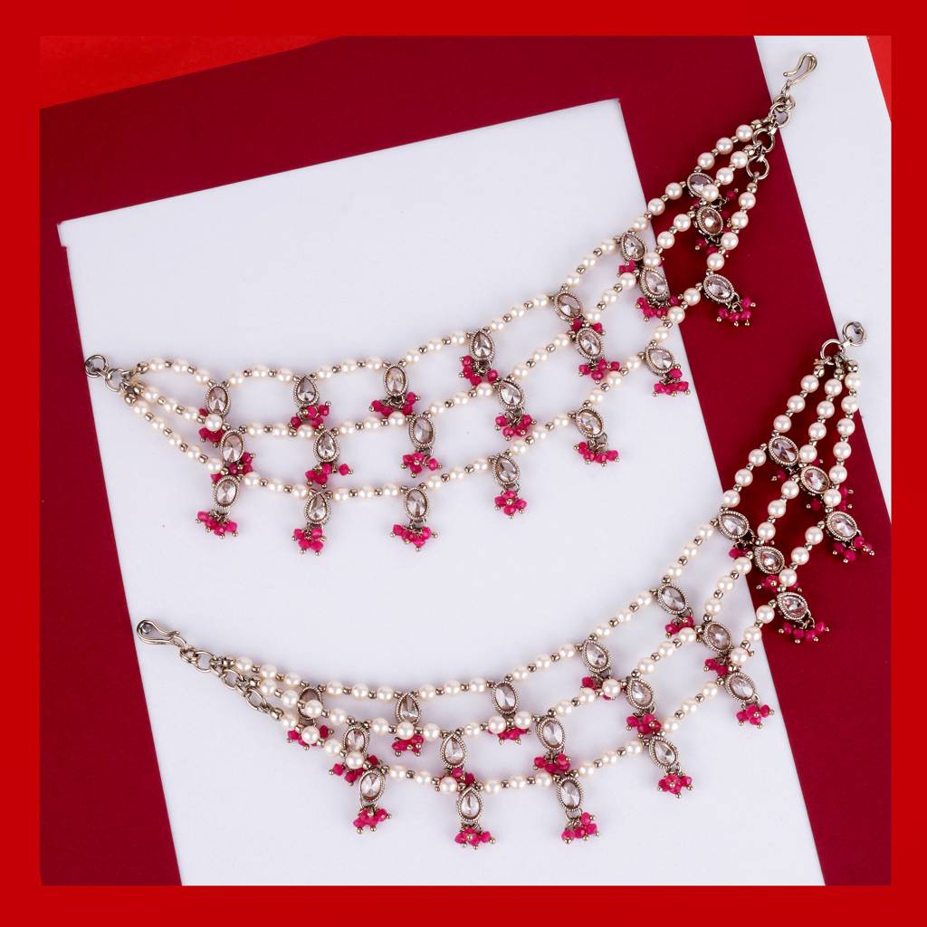 Dazzling Oval And Circle Shape 3 String Green Kundan Stone Pearl Antique Gold Plated Set Of 2 Ear-Chain (Kaanchain : 6KC02-RED