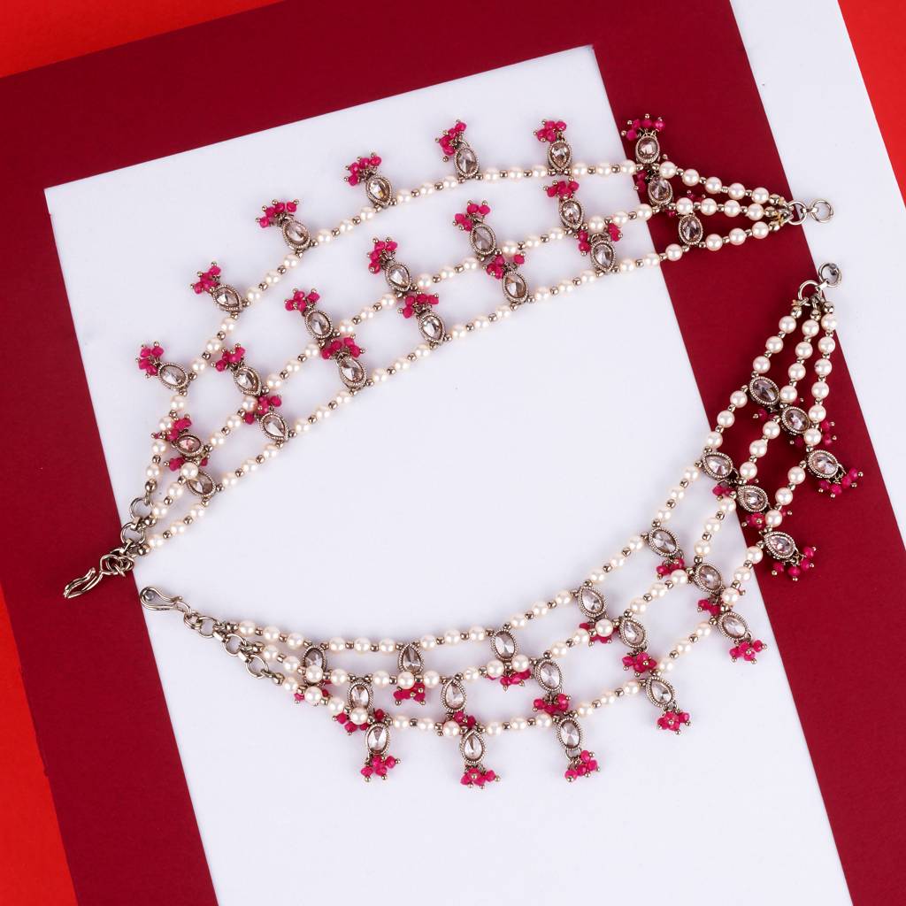 Dazzling Oval And Circle Shape 3 String Green Kundan Stone Pearl Antique Gold Plated Set Of 2 Ear-Chain (Kaanchain : 6KC02-RED