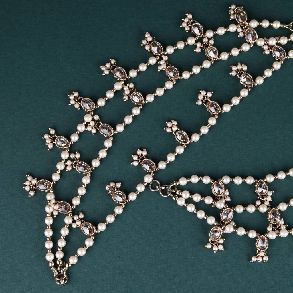 Dazzling Oval And Circle Shape 3 String Green Kundan Stone Pearl Antique Gold Plated Set Of 2 Ear-Chain (Ka : 6KC02-Half-White