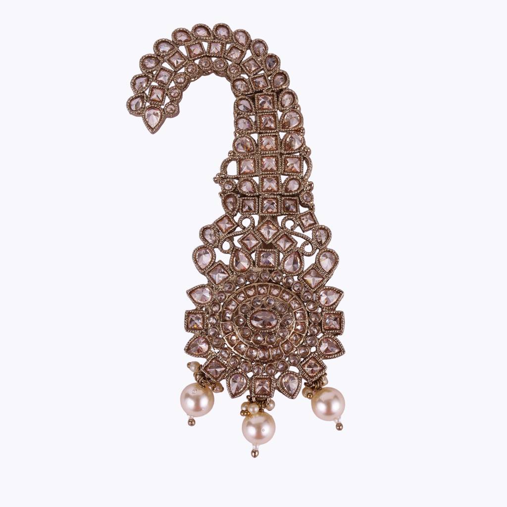 Traditional Glimmery Round And Oval Shape Gold Plated Pagdi Wedding Safa Kalgi For Groom : 6KG03