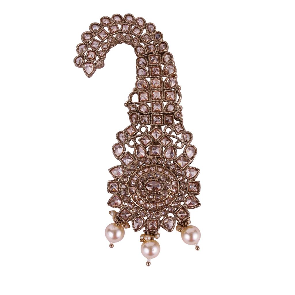 Traditional Glimmery Round And Oval Shape Gold Plated Pagdi Wedding Safa Kalgi For Groom : 6KG03