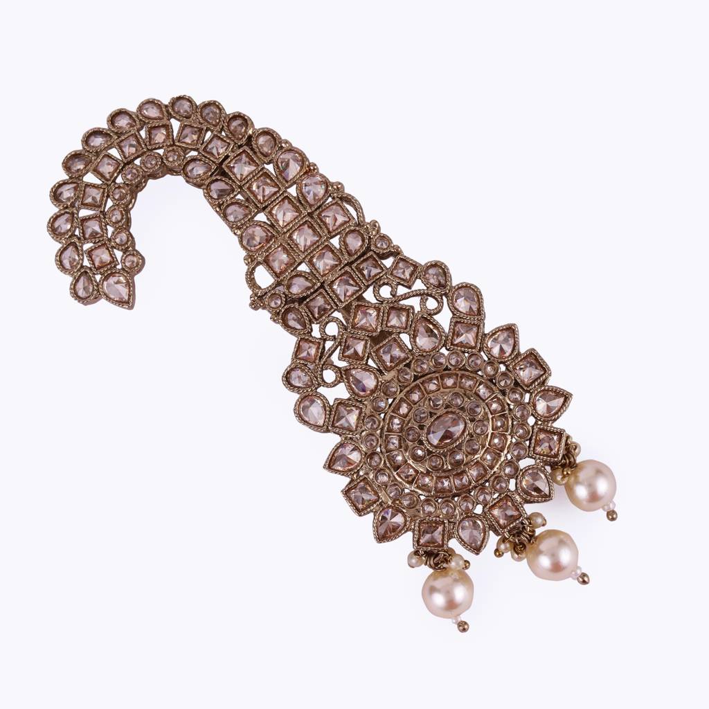 Traditional Glimmery Round And Oval Shape Gold Plated Pagdi Wedding Safa Kalgi For Groom : 6KG03