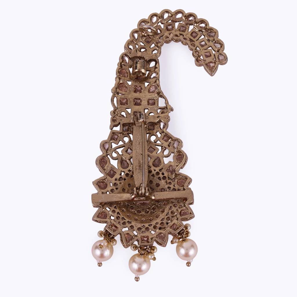 Traditional Glimmery Round And Oval Shape Gold Plated Pagdi Wedding Safa Kalgi For Groom : 6KG03