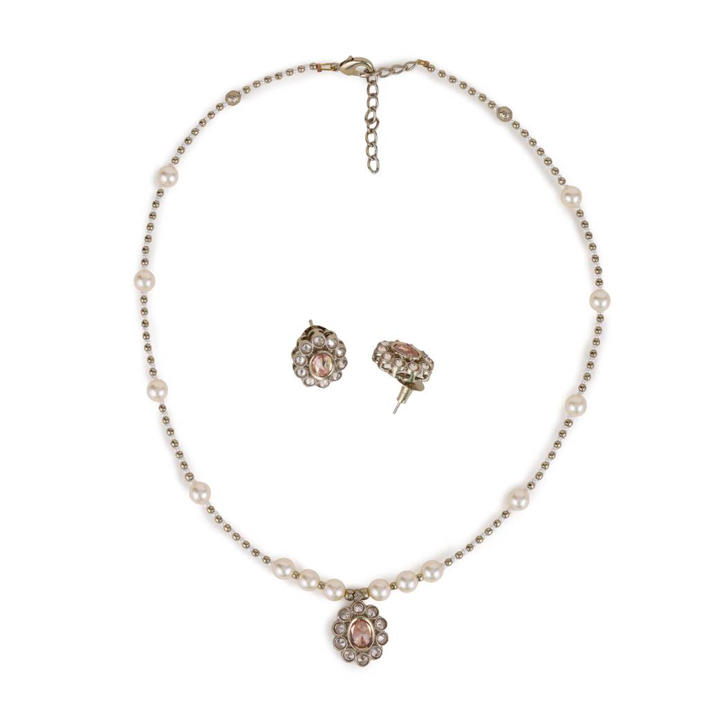 Excellent Round Shape Pearl Crystal Silver Plated Matinee Necklace Set(Mala) For Women : 6ML20