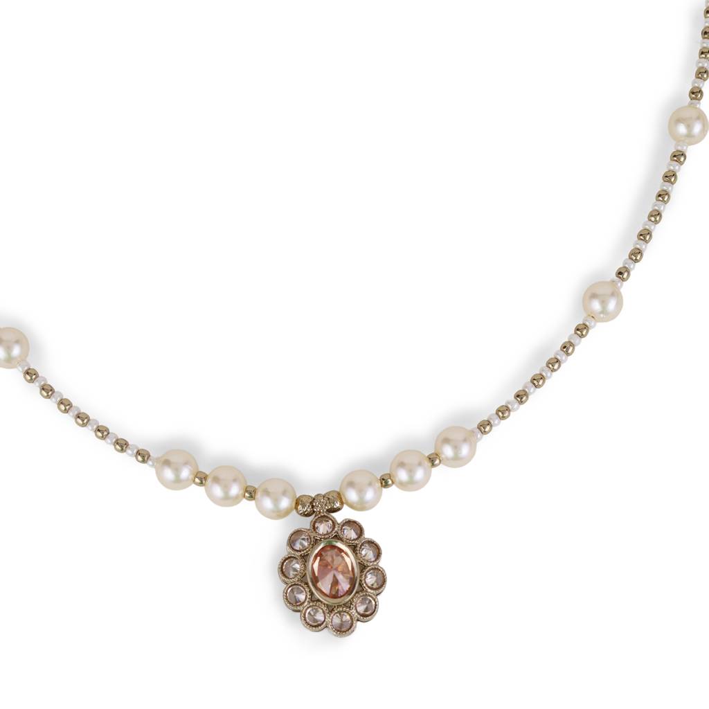 Excellent Round Shape Pearl Crystal Silver Plated Matinee Necklace Set(Mala) For Women : 6ML20