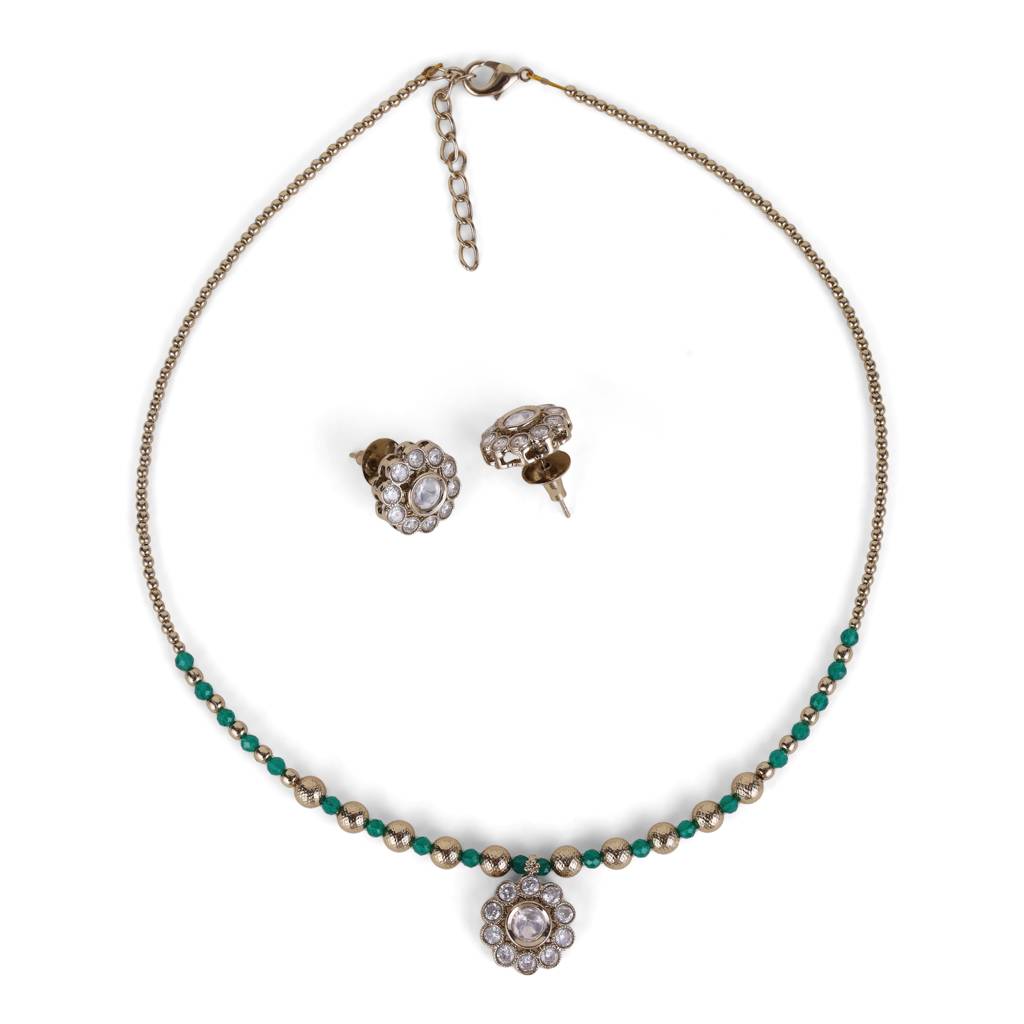 Desirable Green And Golden Boll Gold Plated Matinee Necklace Set(Mala) For Women : 6ML26