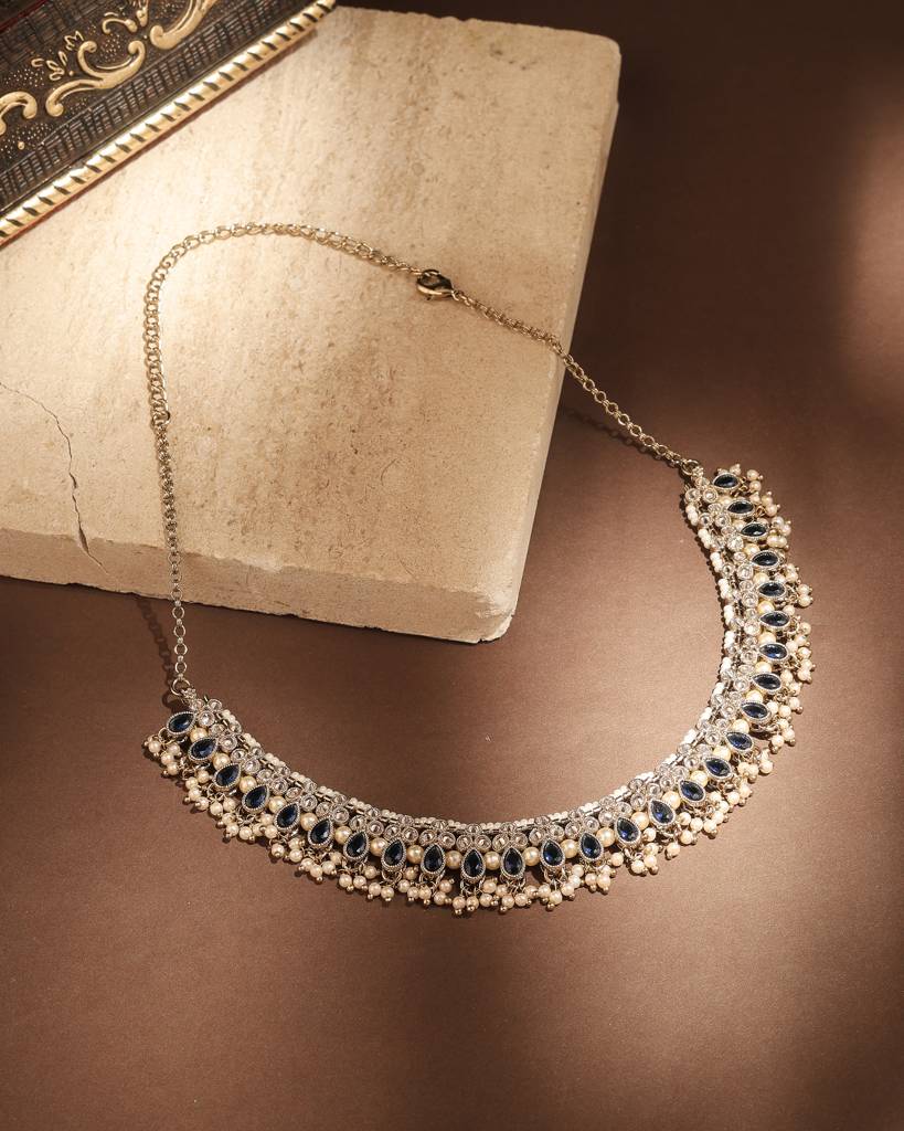 Lavish Pear Shape Pearl Guchha Antique Gold Plated Blue Uncut Kundan Stone Choker Necklace Set With Maangtikka F : 6NS395-BLUE
