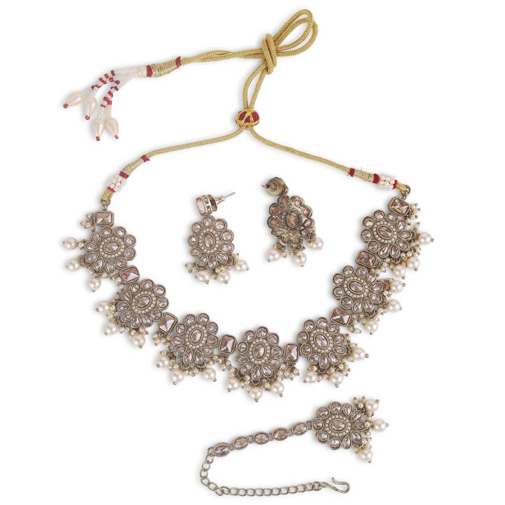 Admirable Oval Shape And Flower Desing Silver Antique Gold Plated Choker Jewellery Set For Women : 6NS432