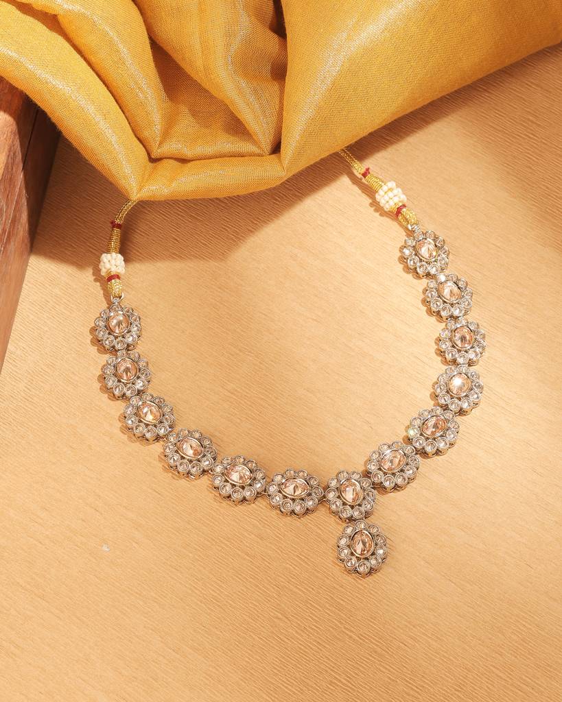 Graceful Round And Oval Shape Antique Gold Plated Brown Uncut Kundan Stone Choker Necklace Set With Maangtikka  : 6NS519-BROWN
