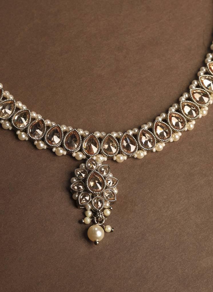 Luxurious Flower And Oval Shape Kundan Stone Antique Gold Plated Choker Necklace Set With Maang Tikka For Women : 6NS559_Brown