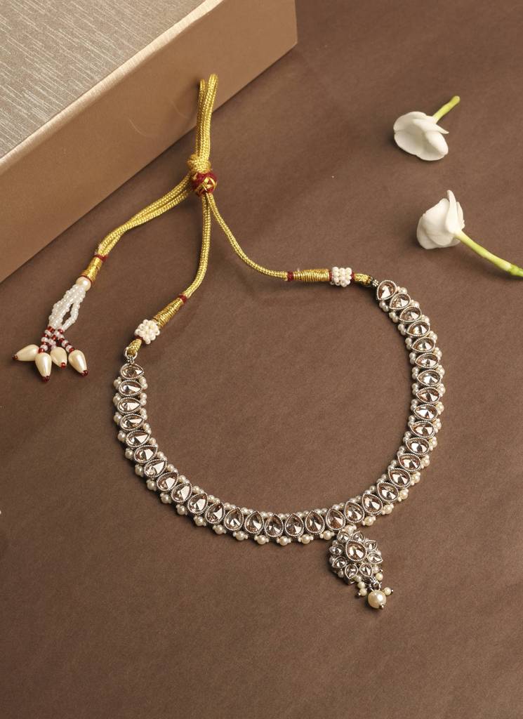 Luxurious Flower And Oval Shape Kundan Stone Antique Gold Plated Choker Necklace Set With Maang Tikka For Women : 6NS559_Brown