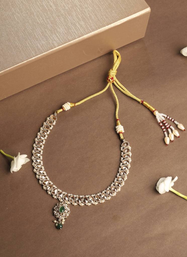 Luxurious Flower And Oval Shape Kundan Stone Antique Gold Plated Choker Necklace Set With Maang Tikka For Women : 6NS559_Green